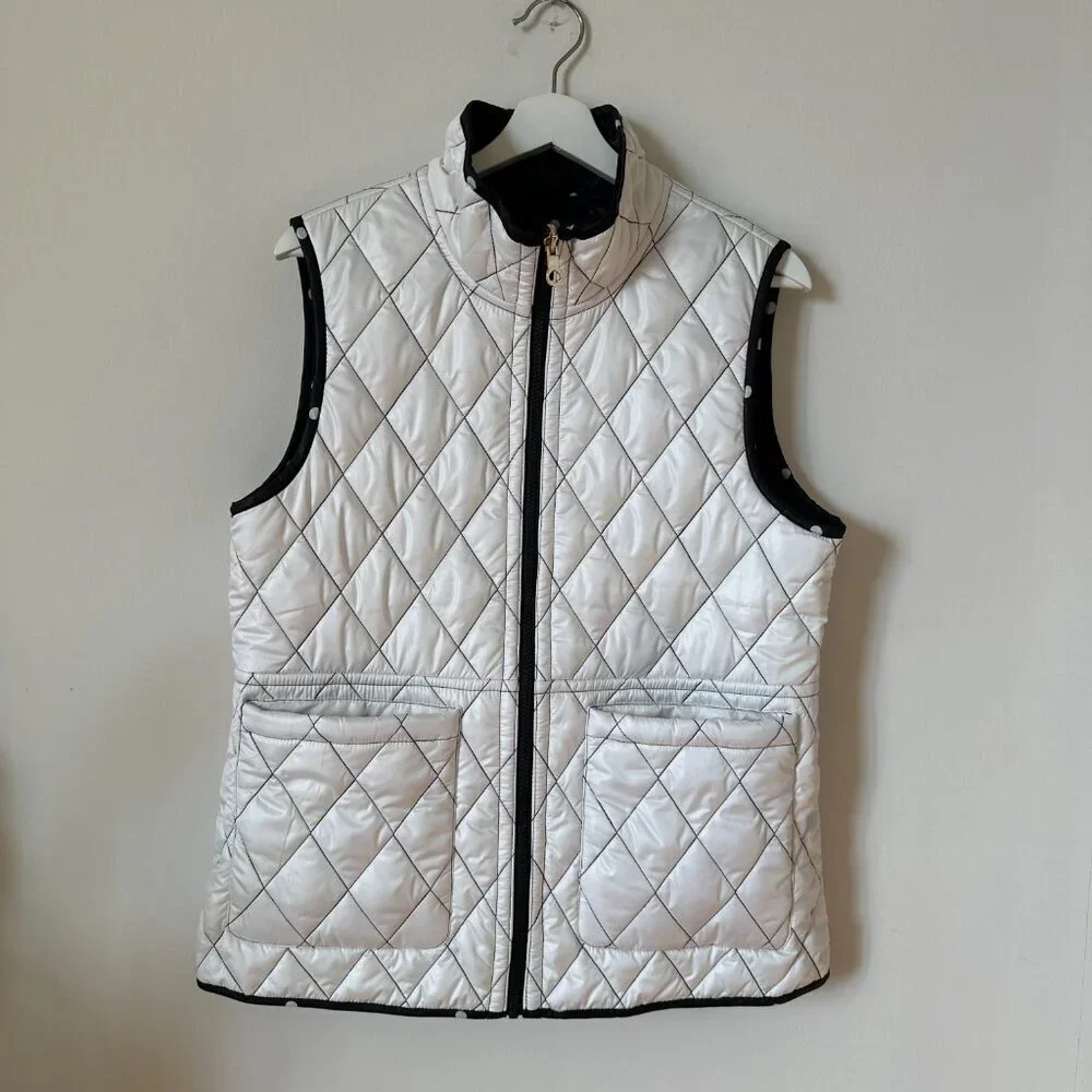 Kate Spade Black & White Quilted Polka Dot Reversible Vest Zip Front | Women’s L